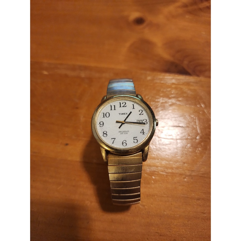 Timex Indiglo WR 30M Gold Tone Expansion Band Watch Date Window White Dial